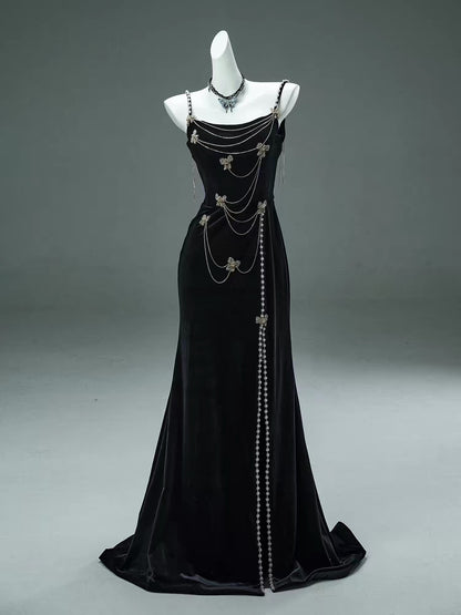 Elegant Mermaid Spaghetti Strap Black Velvet With Beaded Date Night Outfits Semi Formal Prom Gown Evening Dresses RB5531