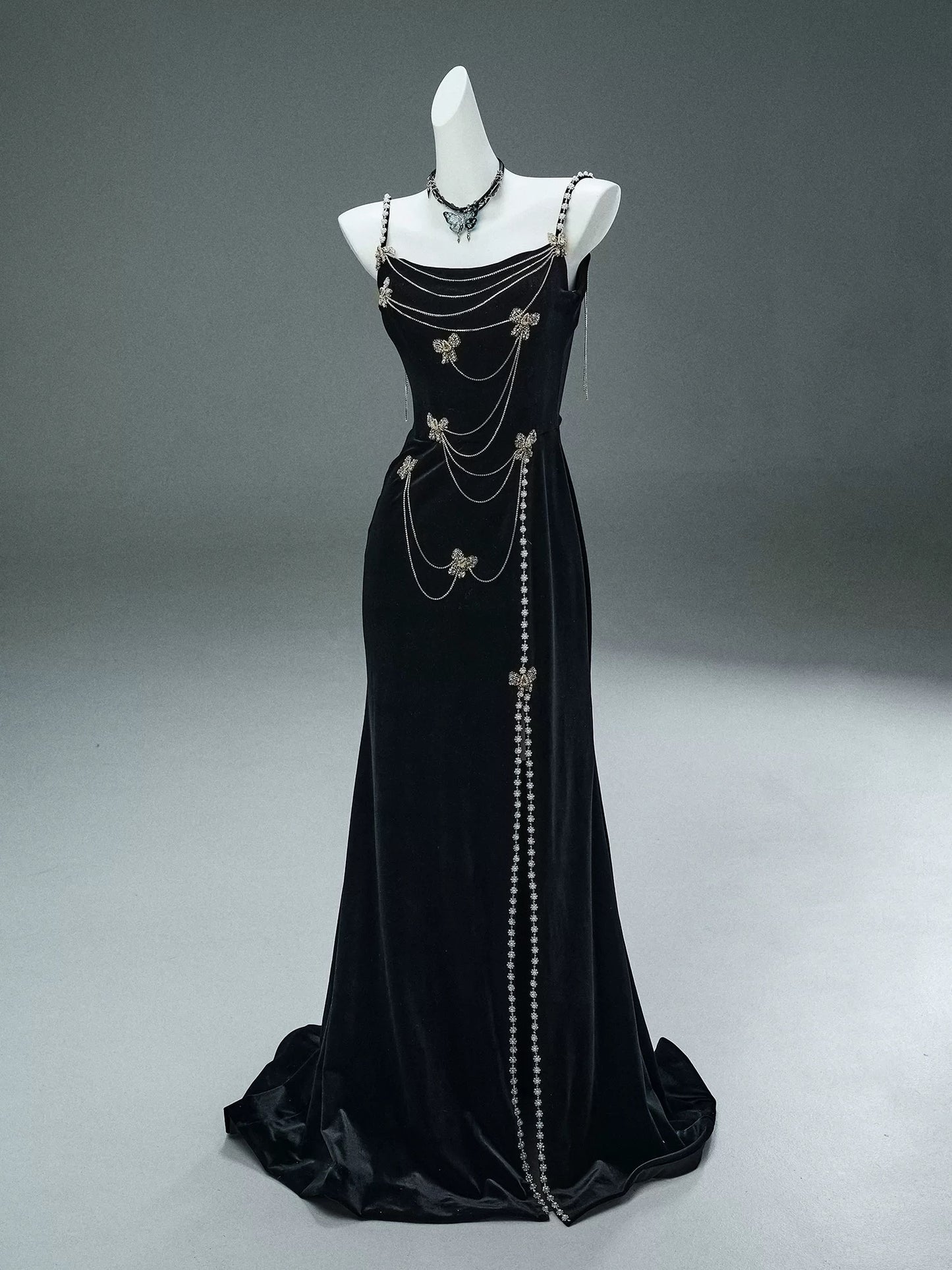 Elegant Mermaid Spaghetti Strap Black Velvet With Beaded Date Night Outfits Semi Formal Prom Gown Evening Dresses RB5531