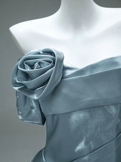 Princess Style Ball Gown Off The Shoulder Dusty Blue Satin Long 15 Quinceanera Dresses Photo Ideas Formal Outfit RB5521