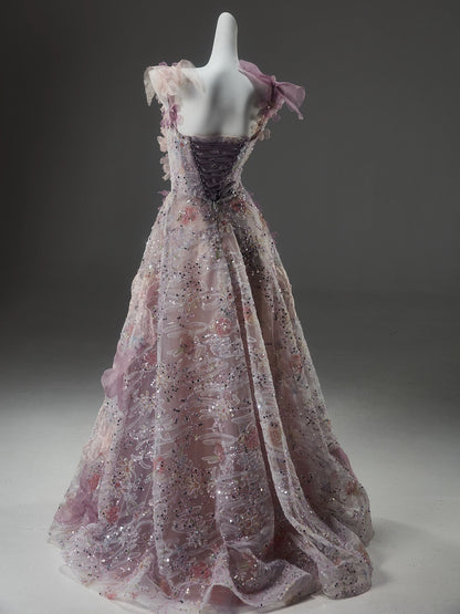 Sparkly Ball Gown Straps Pink Floral With Beaded Date Night Outfits Semi Formal Prom Gown Evening Dresses RB5534