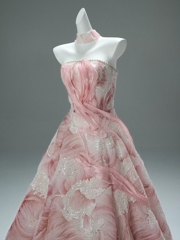 Beautiful Ball Gown Strapless Tulle Pink With Flower Long Quinceanera Dresses Sweet 15 Dress Formal Outfits RB5537