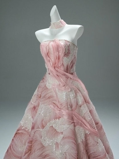 Beautiful Ball Gown Strapless Tulle Pink With Flower Long Quinceanera Dresses Sweet 15 Dress Formal Outfits RB5537