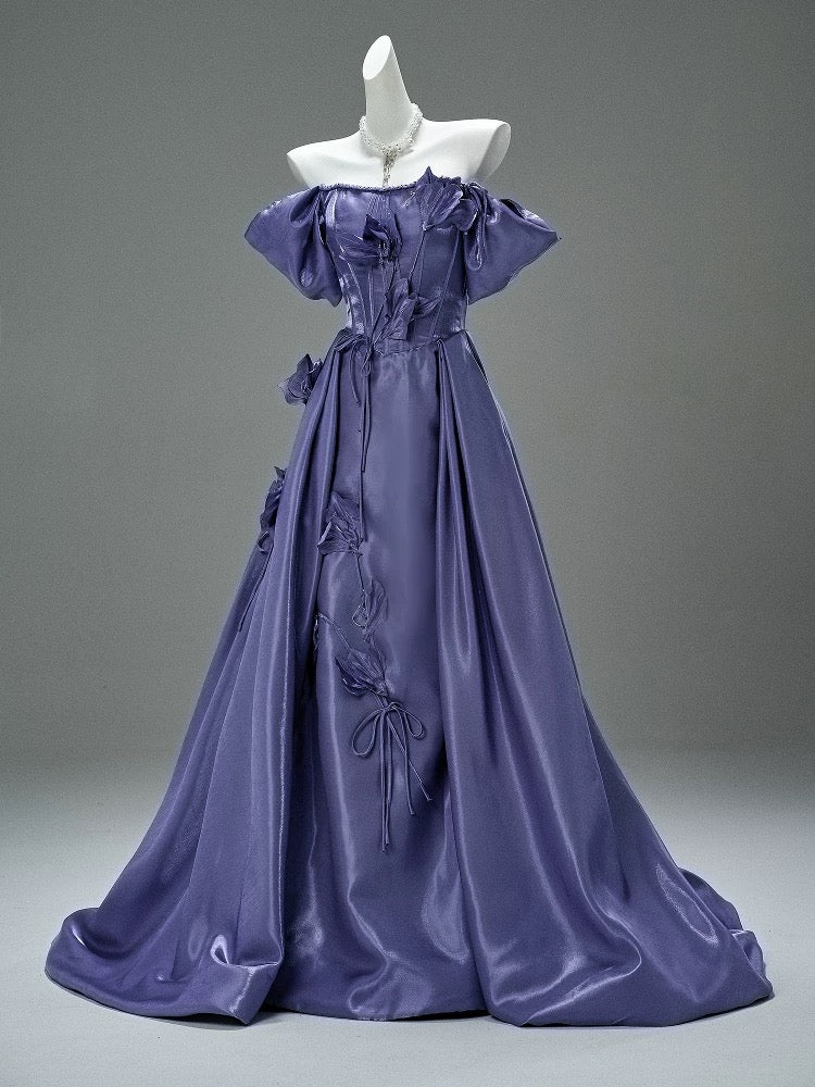 Elegant Ball Gown Off The Shoulder Purple Satin Date Night Outfits Semi Formal Prom Gown Evening Dresses RB5538