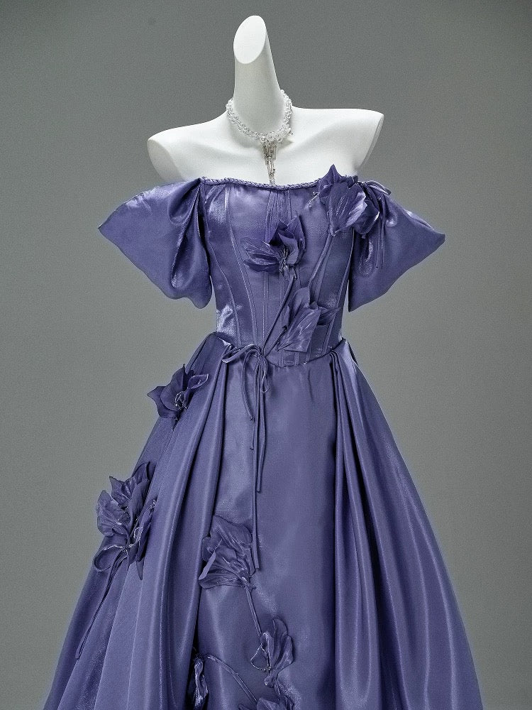 Elegant Ball Gown Off The Shoulder Purple Satin Date Night Outfits Semi Formal Prom Gown Evening Dresses RB5538
