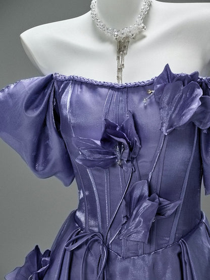 Elegant Ball Gown Off The Shoulder Purple Satin Date Night Outfits Semi Formal Prom Gown Evening Dresses RB5538