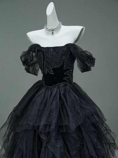 Princess Style Ball Gown Off The Shoulder Black Tulle Long 15 Quinceanera Dresses Photo Ideas Formal Outfit RB5525