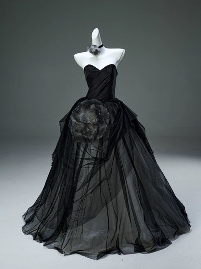 Beautiful Ball Gown Sweetheart Tulle Black With Flower Long Quinceanera Dresses Sweet 15 Dress Formal Outfits RB5524