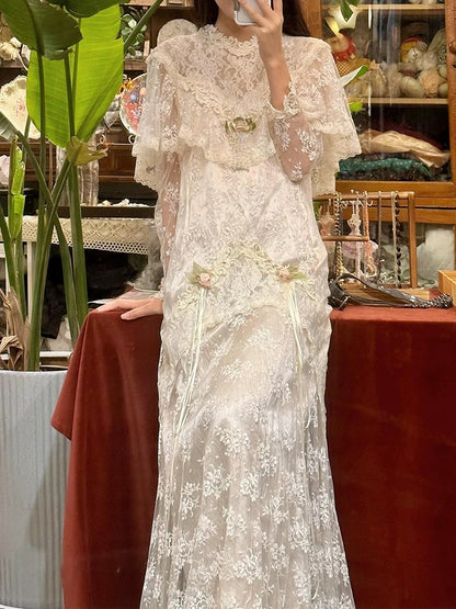 Vintage Wedding Dresses A line High Neck With Sleeves Long Summer Garden Wedding Dress N4115