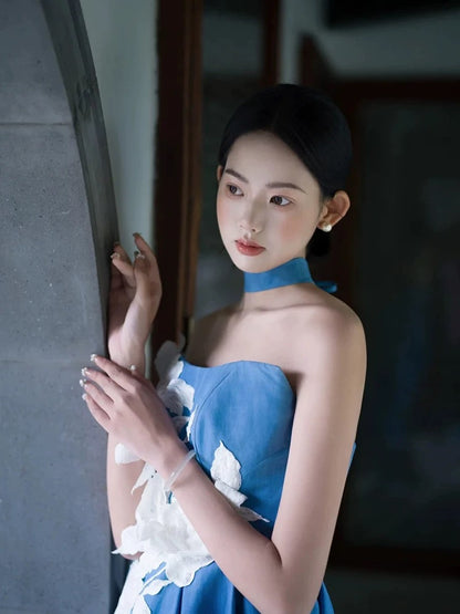 Robe de soirée élégante bleu satin sans bretelles longueur mi-mollet pour 18e anniversaire, Robes de bal N4116
