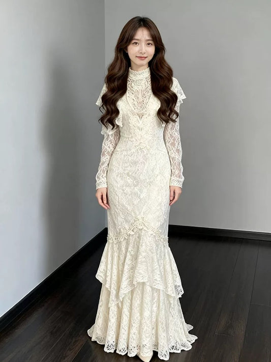 Vintage Wedding Dresses Mermaid High Neck With Sleeves Long Summer Garden Wedding Dress N4117