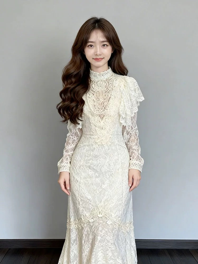Vintage Wedding Dresses Mermaid High Neck With Sleeves Long Summer Garden Wedding Dress N4117