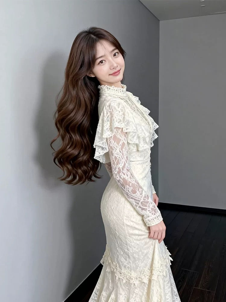 Vintage Wedding Dresses Mermaid High Neck With Sleeves Long Summer Garden Wedding Dress N4117