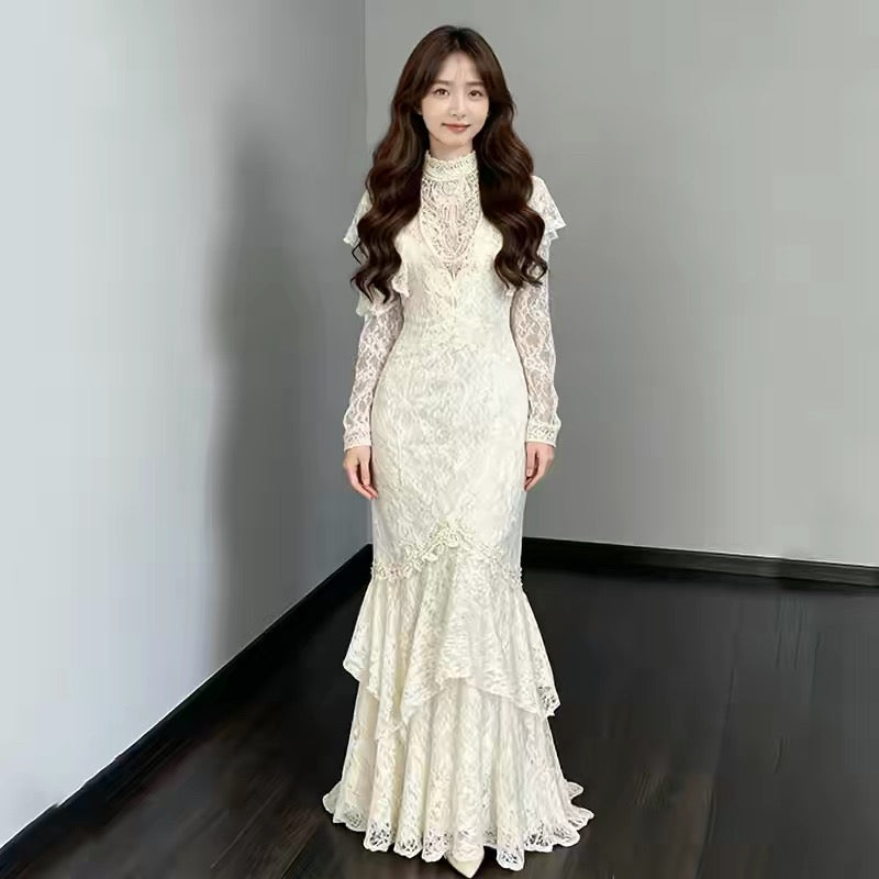 Vintage Wedding Dresses Mermaid High Neck With Sleeves Long Summer Garden Wedding Dress N4117
