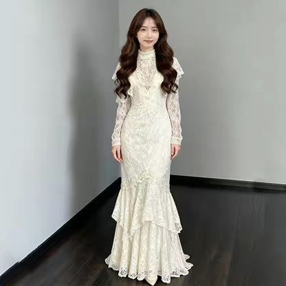 Vintage Wedding Dresses Mermaid High Neck With Sleeves Long Summer Garden Wedding Dress N4117