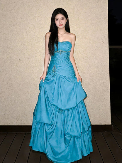 Bescheidenes Ballkleid Trägerlos Blau Satin Geburtstag Elegantes Outfit Formelle Abschlussballkleider N4118