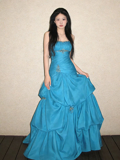 Bescheidenes Ballkleid Trägerlos Blau Satin Geburtstag Elegantes Outfit Formelle Abschlussballkleider N4118