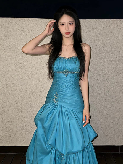 Bescheidenes Ballkleid Trägerlos Blau Satin Geburtstag Elegantes Outfit Formelle Abschlussballkleider N4118