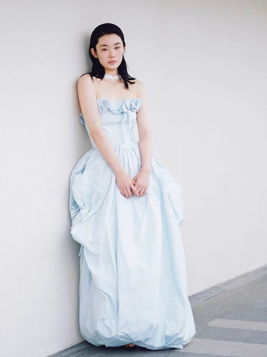 Cute A Line Strapless Light Sky Blue Satin 18th Birthday Elegant Outfit Formal Prom Dresses N4119