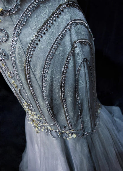 Trendige Abschlussballkleider Inspiration Meerjungfrau Rundhals Grau Blau Gala Tüll Mit Perlen Festliche Kleider N3195