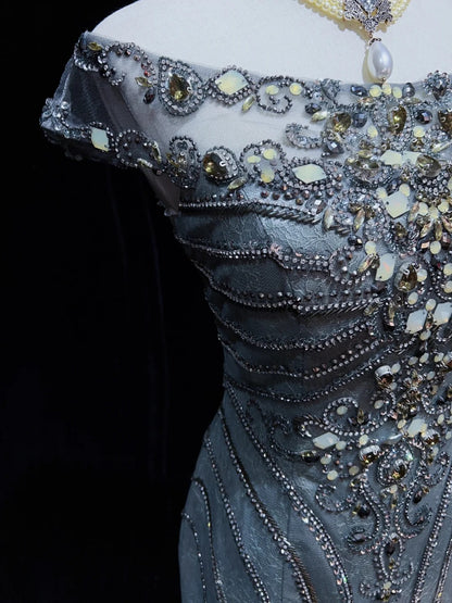Trendige Abschlussballkleider Inspiration Meerjungfrau Rundhals Grau Blau Gala Tüll Mit Perlen Festliche Kleider N3195