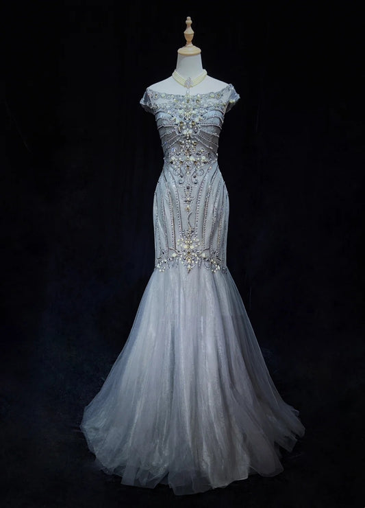 Trendy Prom Dresses Inspiration Mermaid Scoop Grey Blue Gala Tulle With Beading Formal Gowns N3195