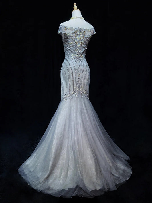 Trendy Prom Dresses Inspiration Mermaid Scoop Grey Blue Gala Tulle With Beading Formal Gowns N3195