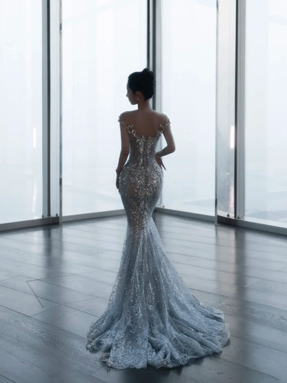 Robe de mariée sirène scintillante à épaules dénudées, sequins argentés et gris, longue et cintrée, référence N1266