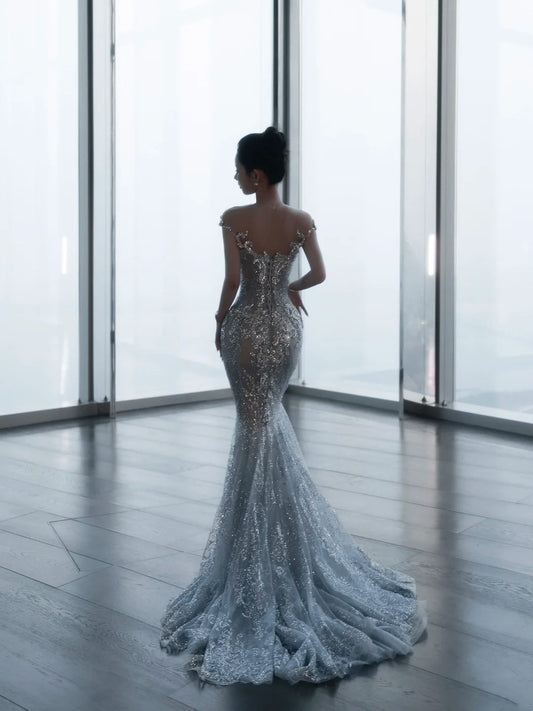 Sparkly Mermaid Wedding Dresses Off The Shoulder Sequins Silver Gray Long Brides Dress Fitted Bridal Gown N1266