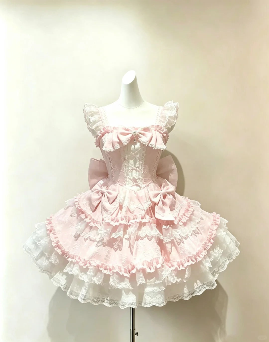 Süßes Ballkleid mit eckigem Ausschnitt, rosa-weißer Spitze, mit Schleife, Lolita-Kleid, Homecoming-Kleider, Cocktail, Hoco Outfit RB4678