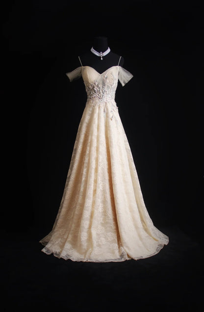 Retro A Line Spaghetti Straps Long/Floor-Length Tulle Prom Dresses With Appliqued Beading AB1584