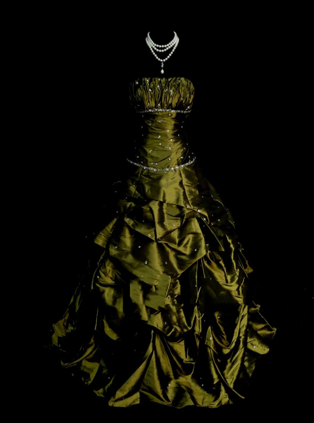 Vintage Ball Gown Strapless Olive Green 1980s With Beads College Formal Outfit Prom Graduation Dresses For Teens N1321