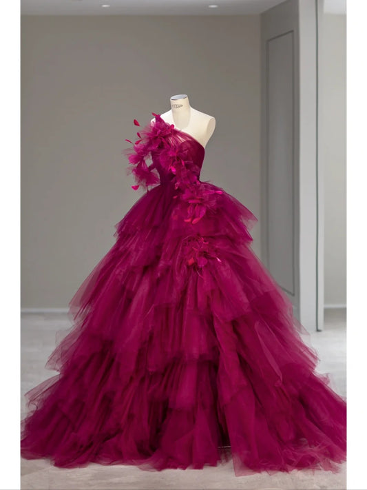 Princess Prom Dresses Ball Gown One Shoulder Fuchsia Pink Tulle Sweet 16 Evening Long Formal Dress RB4013