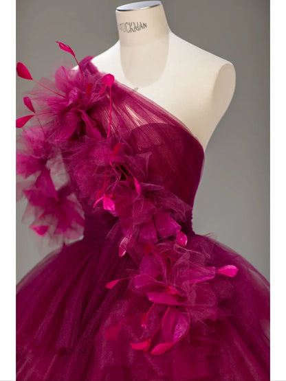 Princess Prom Dresses Ball Gown One Shoulder Fuchsia Pink Tulle Sweet 16 Evening Long Formal Dress RB4013