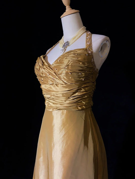 Wunderschöne Abschlussballkleider Inspo A-Linie Neckholder Goldener Satin mit Perlen Besetzt Langes Damen Abendkleid N3196