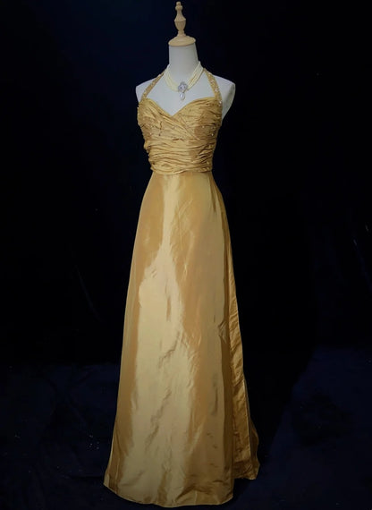 Magnifique Robe de Bal Idée Robe de Soirée Formelle Longue Dorée en Satin Col Halter Perlé Coupe A-Line pour Femme N3196