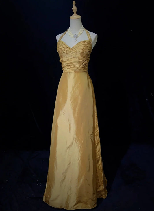 Wunderschöne Abschlussballkleider Inspo A-Linie Neckholder Goldener Satin mit Perlen Besetzt Langes Damen Abendkleid N3196