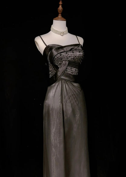 Vintage Abschlussballkleider Ästhetik 1950er Jahre Retro A-Linie Spaghettiträger Grau Langes Partykleid N2321