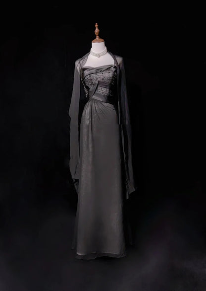 Vintage Abschlussballkleider Ästhetik 1950er Jahre Retro A-Linie Spaghettiträger Grau Langes Partykleid N2321