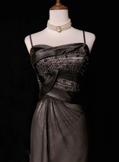 Vintage Abschlussballkleider Ästhetik 1950er Jahre Retro A-Linie Spaghettiträger Grau Langes Partykleid N2321