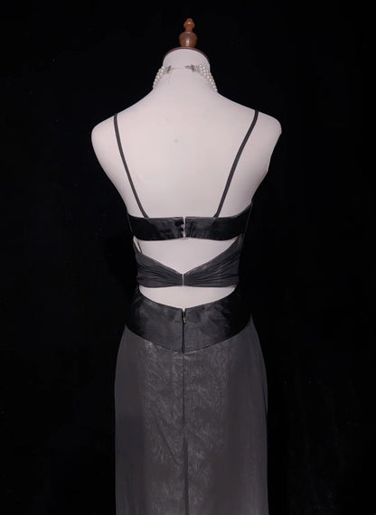 Vintage Abschlussballkleider Ästhetik 1950er Jahre Retro A-Linie Spaghettiträger Grau Langes Partykleid N2321