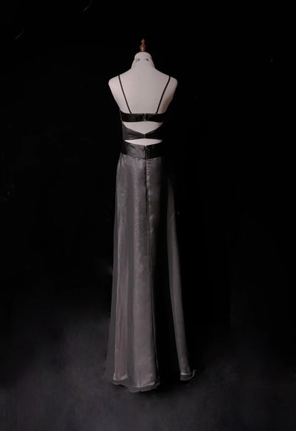 Vintage Abschlussballkleider Ästhetik 1950er Jahre Retro A-Linie Spaghettiträger Grau Langes Partykleid N2321