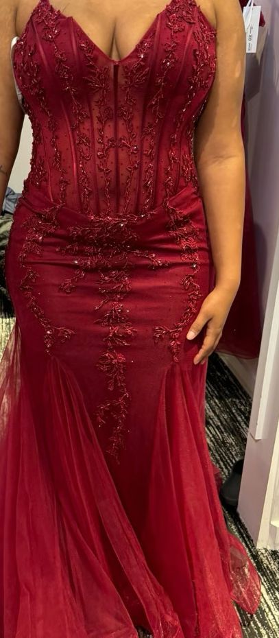 Mermaid V Neck Tulle Burgundy Prom Dress With Lace Formal Evening Dresses AB543