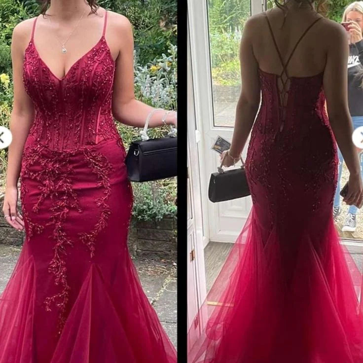 Modest Mermaid Spaghetti Straps Burgundy Lace Tulle Prom Dresses Inspiration Prom Dress Princess Graduation Dress B356