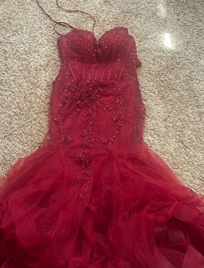 Mermaid V Neck Tulle Burgundy Prom Dress With Lace Formal Evening Dresses AB543