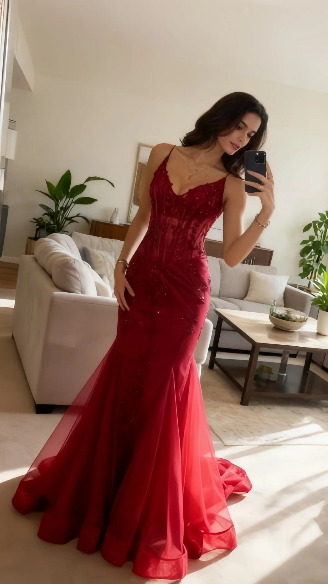 Modest Mermaid Spaghetti Straps Burgundy Lace Tulle Prom Dresses Inspiration Prom Dress Princess Graduation Dress B356