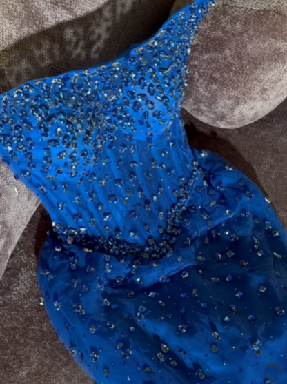Elegantes, trägerloses, königsblaues Pailletten-Abendkleid mit Perlen in A-Linie, ideal für Highschool-Teenager und Abschlussball (N001)