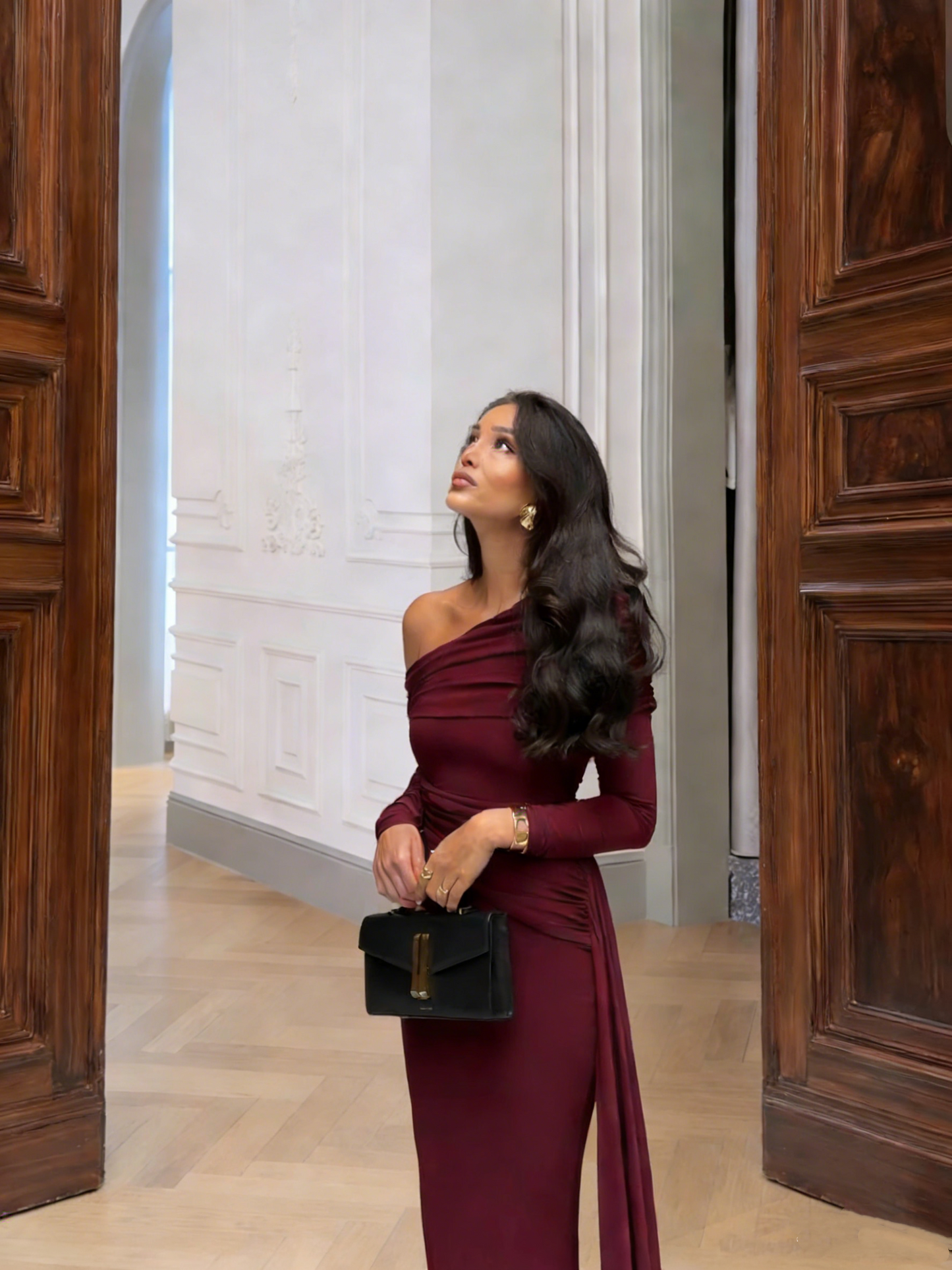 Sexy Meerjungfrauen-Abendkleid mit One-Shoulder-Träger, burgunderrot, langärmelig – Inspiration für Abschlussball, Tanzabendkleid Nr. 017