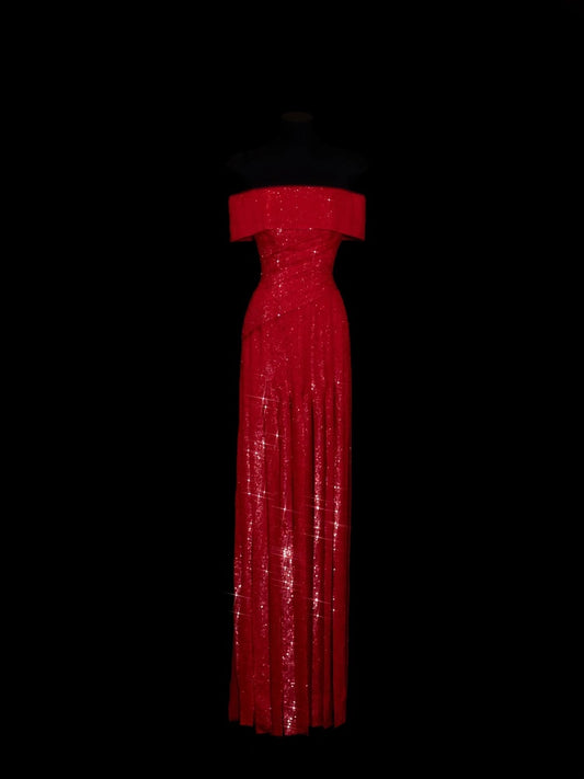 Chic A line Off The Shoulder Red Pleated Ruffle Sequin Long Prom Dresses Inspiration Evening Gowns Formal Party Dress N152