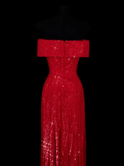 Elegantes, schulterfreies, rotes, plissiertes Paillettenkleid mit Rüschen – Inspiration für Abendkleider und festliche Partys (Modell N152)