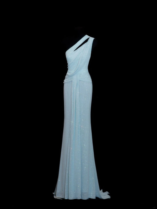 Chic Mermaid One Shoulder Light Sky Blue Pleated Ruffle Sequin Long Prom Dresses Inspiration Evening Gowns Formal Party Dress N153